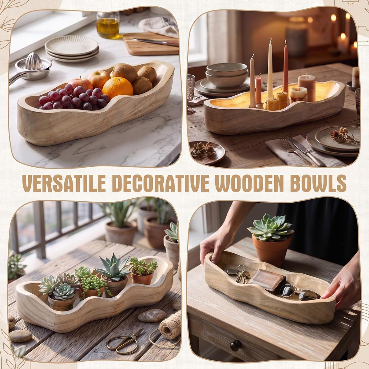 Nuogo 1 Pcs 30 Inch Wooden Decorative Dough Bowl, Wave Shaped