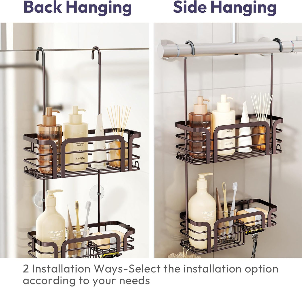 SWTYMIKI Shower Caddy Hanging Organizer - Over the Door Shower Caddy with Soap Holder, 11 Hooks, 2 Installation Ways, Stainless Steel Rustproof Bathroom Organizer, Bronze
