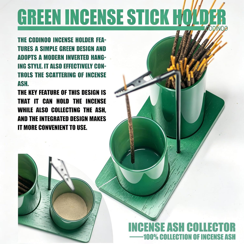 2 in 1 Incense Holder for Sticks Incense Burner Holder with Storage,Glass Upside Down Incense Holder for Sticks with Glass Ash Catcher for Meditation Yoga Spa Room Home Decor[Full Green]