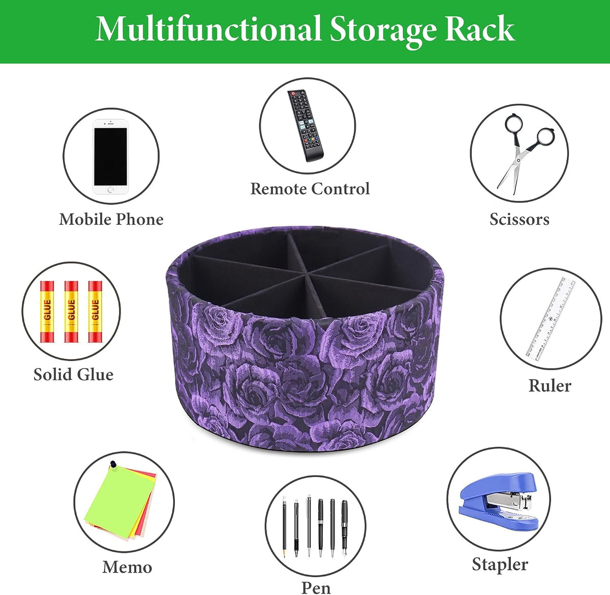 Remote Control Holder, 360°Spinning PU Leather Desk TV Remote Caddy,Desk Storage Box Room Accessories for Controller, Media,Mail,Calculator, Mobile Phone,Pencil(1-B3D Purple)
