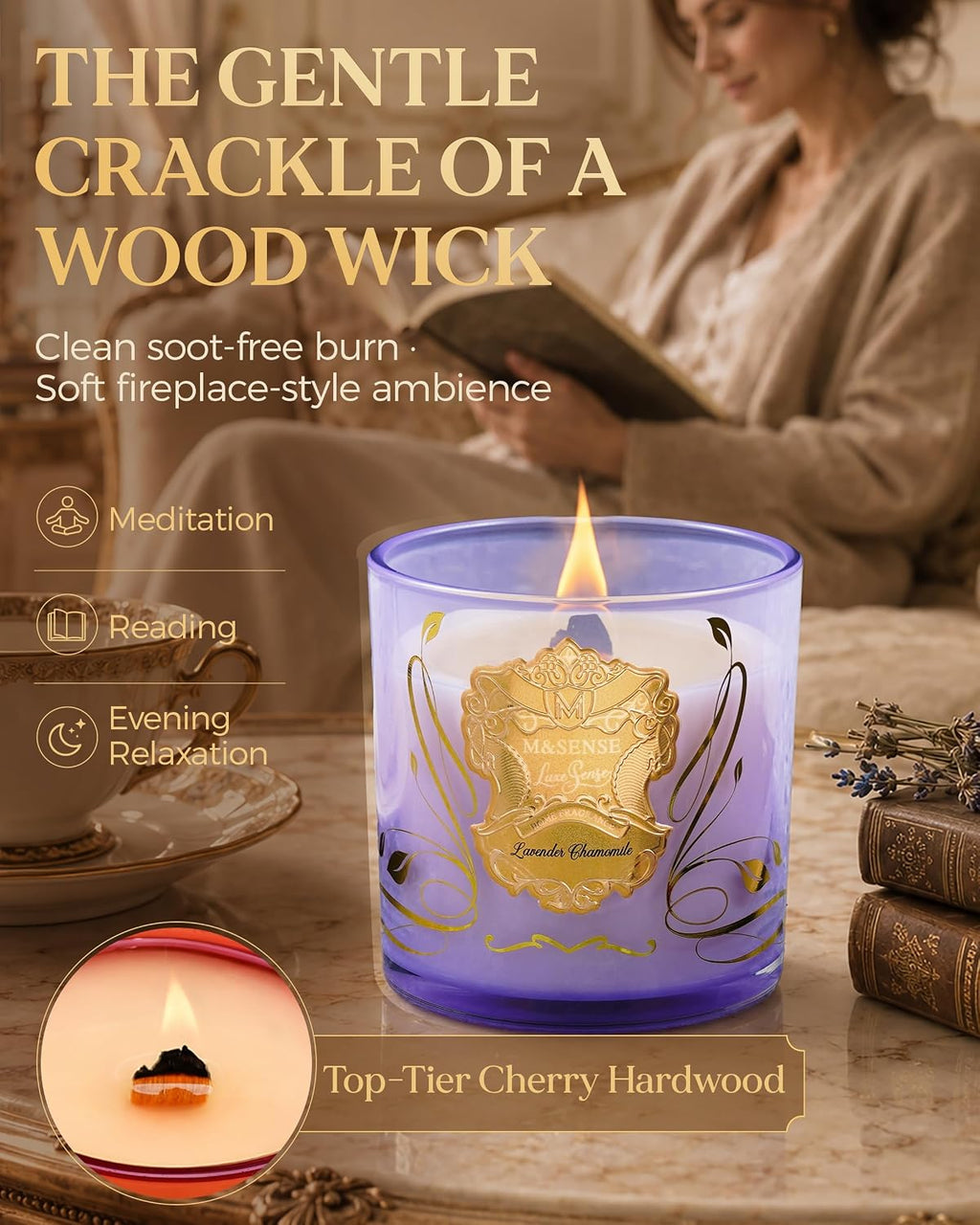 M&SENSE Lavender Chamomile Candle for Home Scented Crackling Wood Wick 13oz