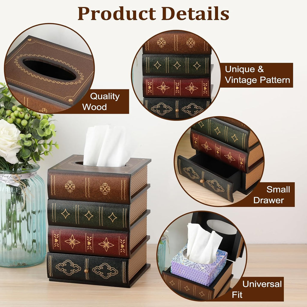 Antique Wooden Book Tissue Box Cover with Storage Drawer, Brown Top