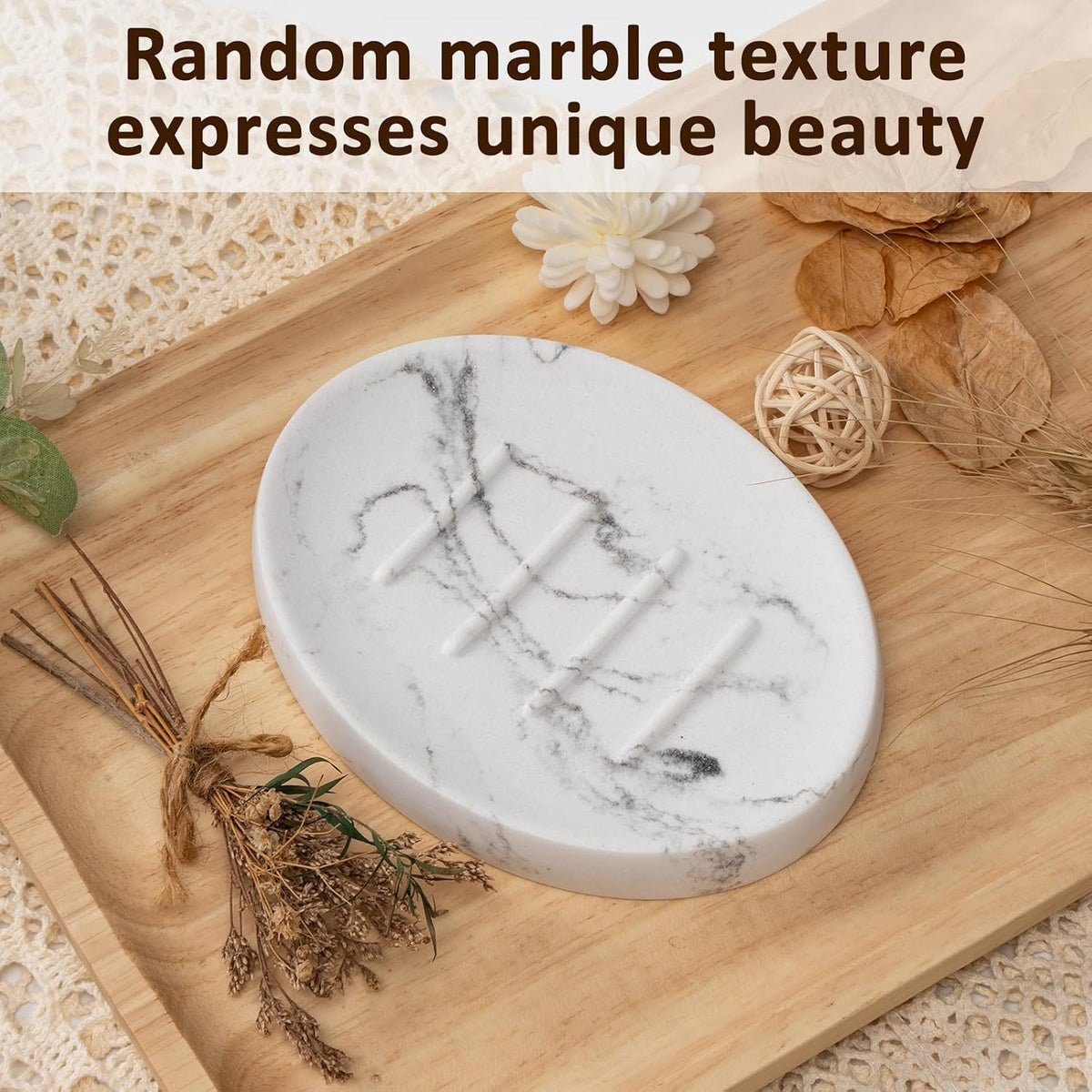 Resin Soap Dish Bathroom,Marble Look Soap Holder for Shower,Soap Tray for Kitchen Sink(Marble White)