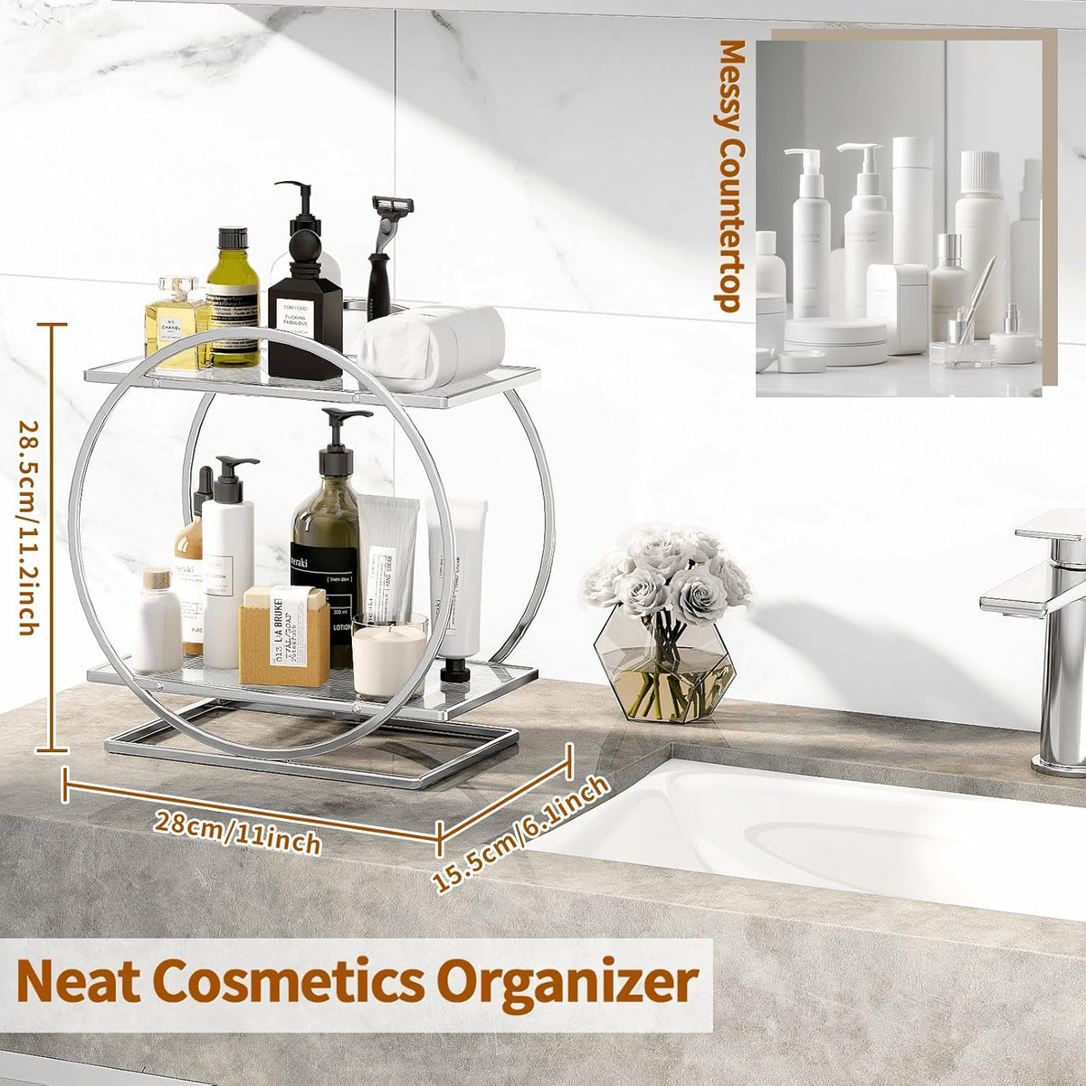 Makeup Perfume Organizer, Sliver 2-Tier Bathroom Counter Organizer