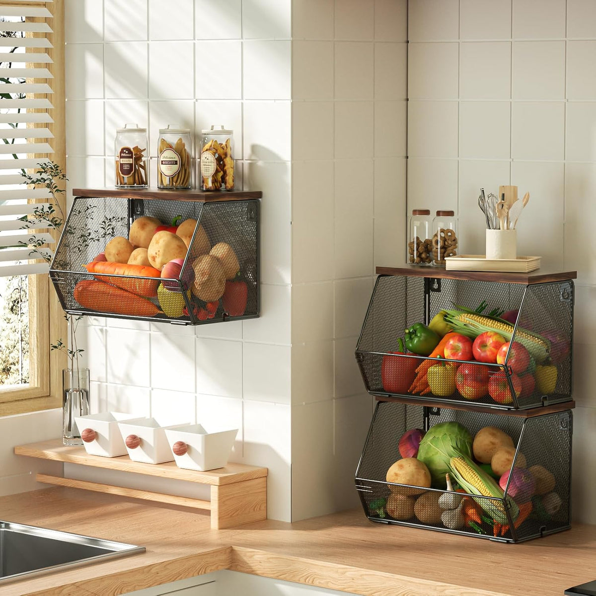 Litwaro Fruit Basket Wire Baskets with Wood Lid, Wall Mounted Produce Basket for Snack, Fruit and Vegetable Storage, Countertop Onion and Potato Storage, 3 Pack Stackable Kitchen Counter Organizer