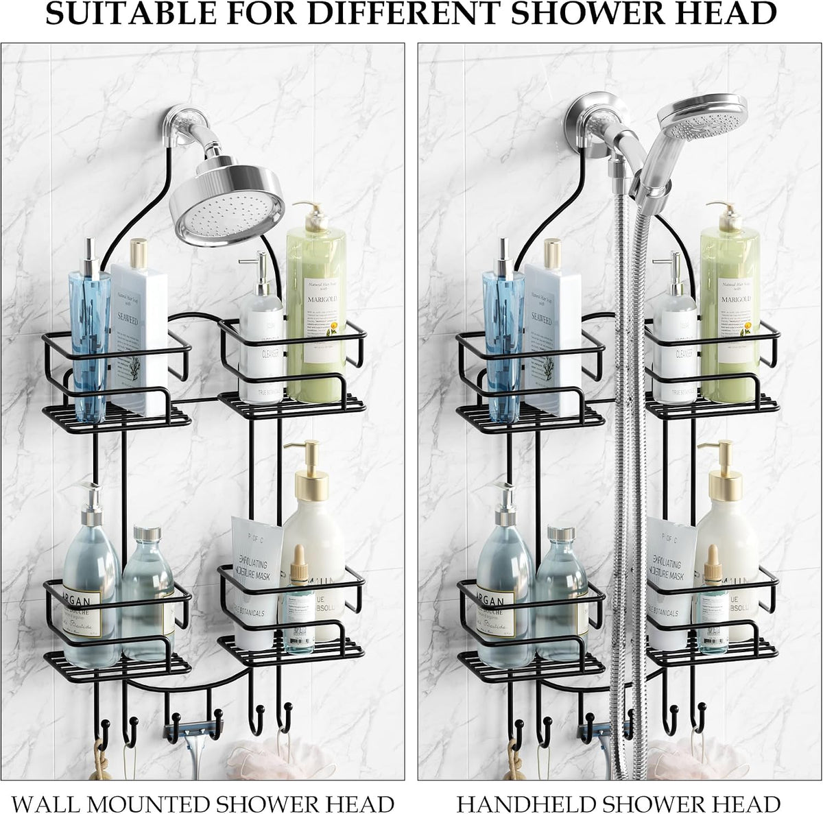 SRIWATANA Shower Caddy Hanging, Shower Organizer with Razor Hooks, Black