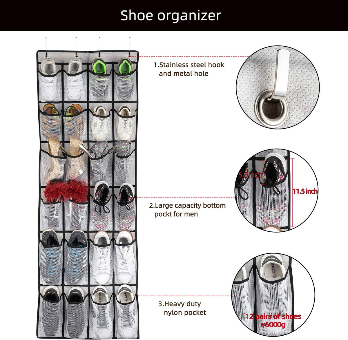 SAVERHO Hanging Shoe Organizer, Over The Door Shoe Organizer with 24 Mesh Large Pockets Door Shoe Rack for Men Women Kids Hanging Door Shoe Holder Size:58x21 Inch (White-2pack)