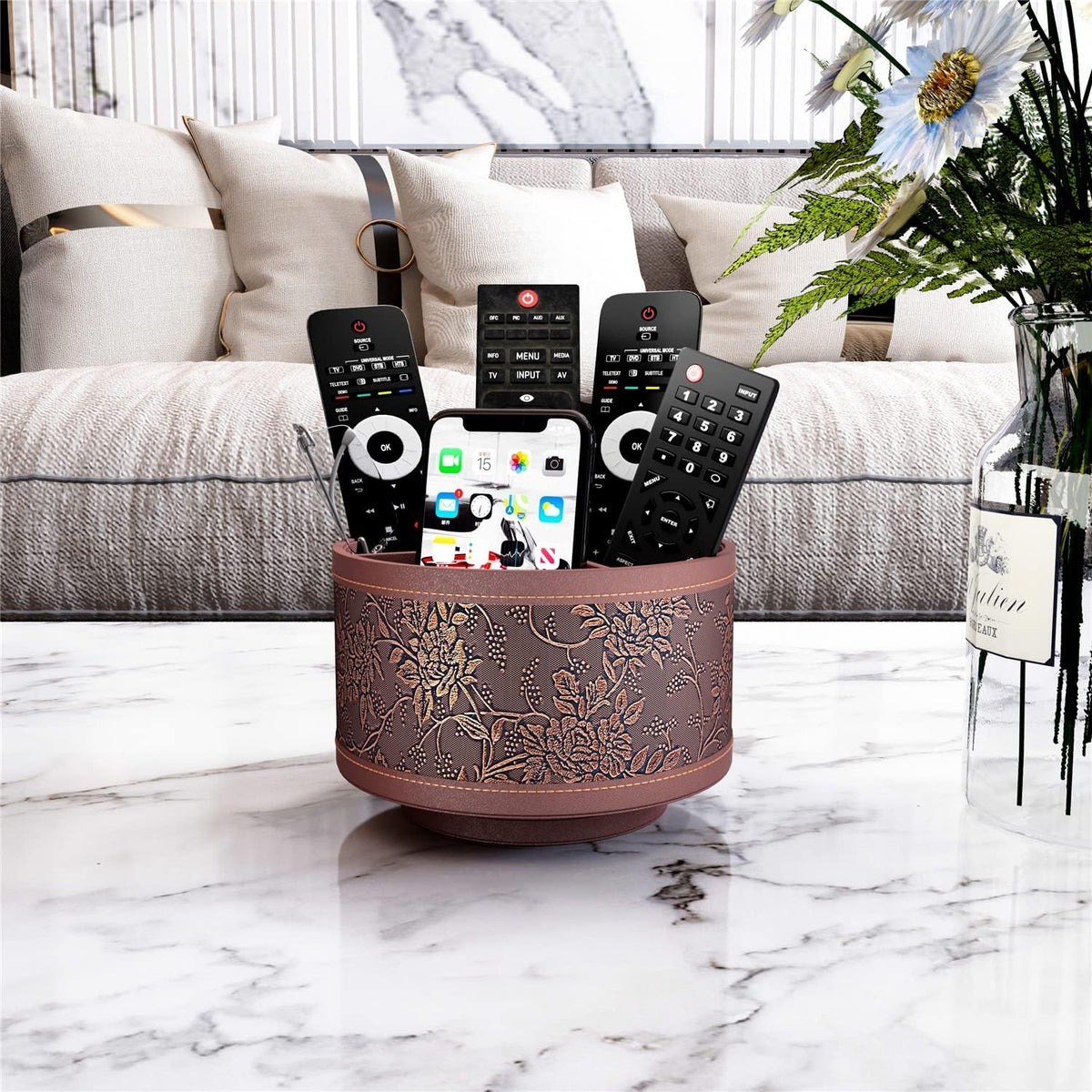 Remote Control Holder, Faux Leather 360° Art Supply Organizer, Multi-Functional Caddy for Remote Controllers, Office Supplies, Perfect Space Saver for End Table/Nightstand/Office Desk(Retro)