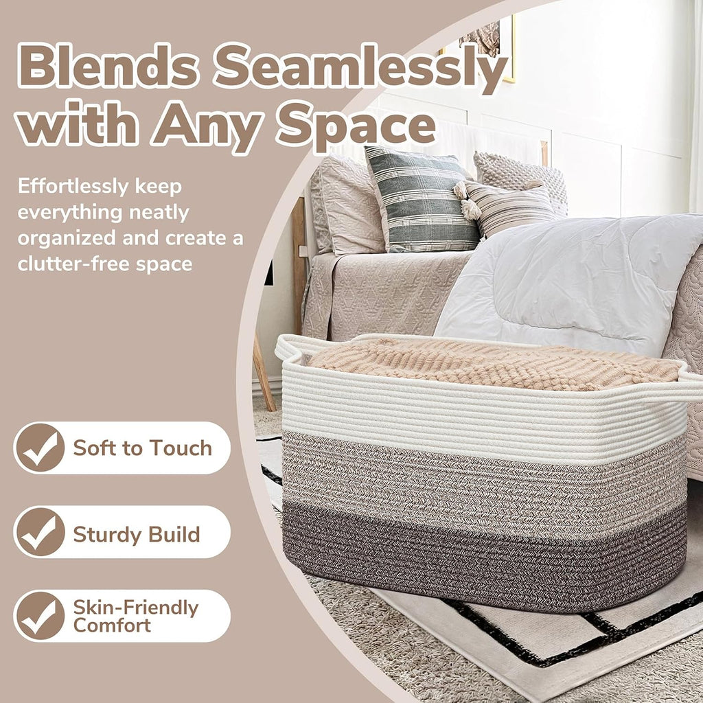 Goodpick Large Woven Rope Blanket Basket, Rectangle, White Brown