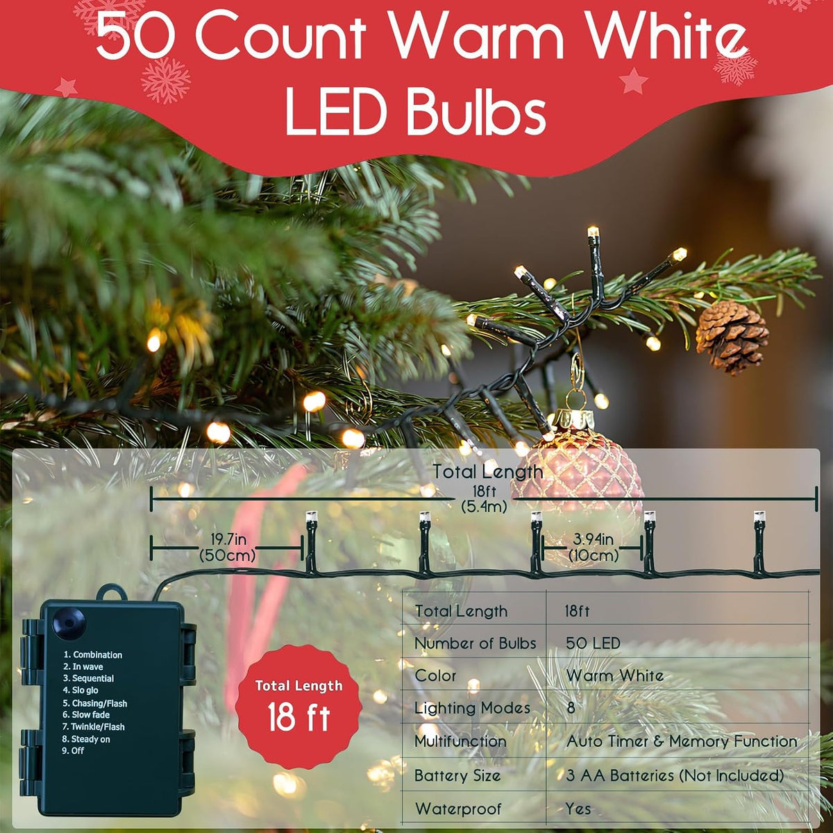 Battery Operated Christmas Lights - 50 LED Christmas Tree Lights