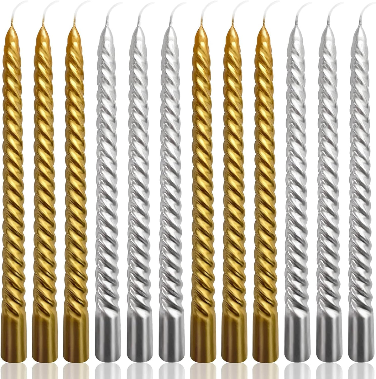10 Inch Spiral Taper Candles Set for Christmas, 6 Gold and 6 Silver Unscented Twisted Candlesticks, Dripelss Thin Tapered Candles for Holiday Party Decoration