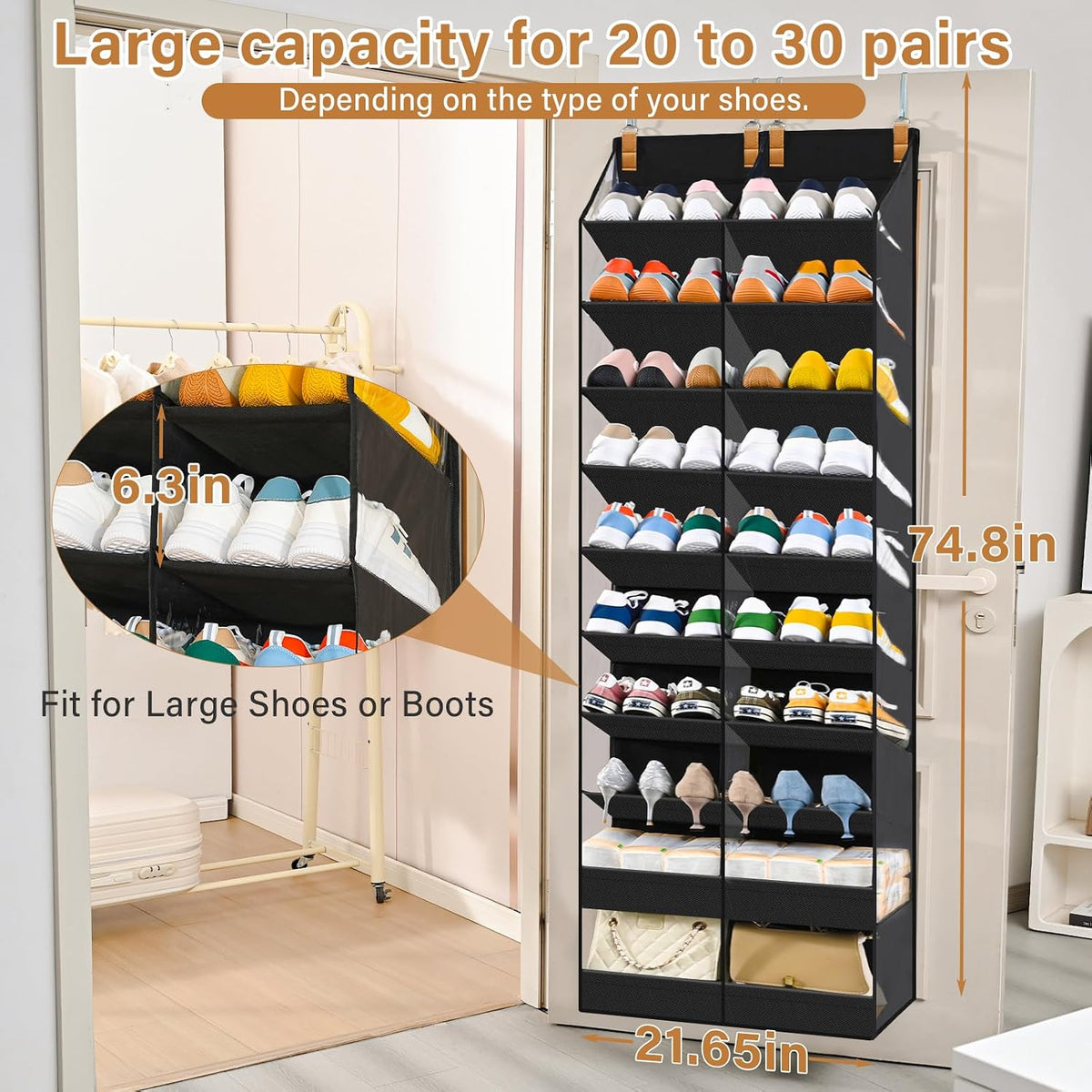 20-30 Pairs Over the Door Shoe Organizer, 10-Tier Hanging Shoe Storage