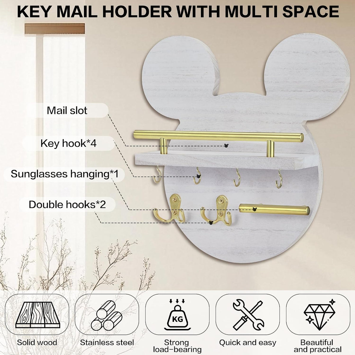 AIRPOP Key Holder for Wall–Mouse Wooden Mail Organizer Wall Mount with Shelf and 6 Hooks, Easy Installation Key Rack Hanger for Entryway Living Room Home Decor(White)