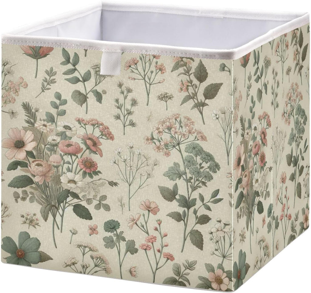 Vintage Small Floral Storage Cubes 11x11 Inch Foldable Fabric Bins with Handle for Storage and Organization, Ideal Storage Bins for Closet Shelves