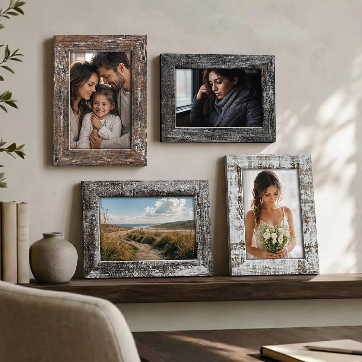 4x6 Picture Frames Set of 4, Vintage Rustic Style, HD Real Glass