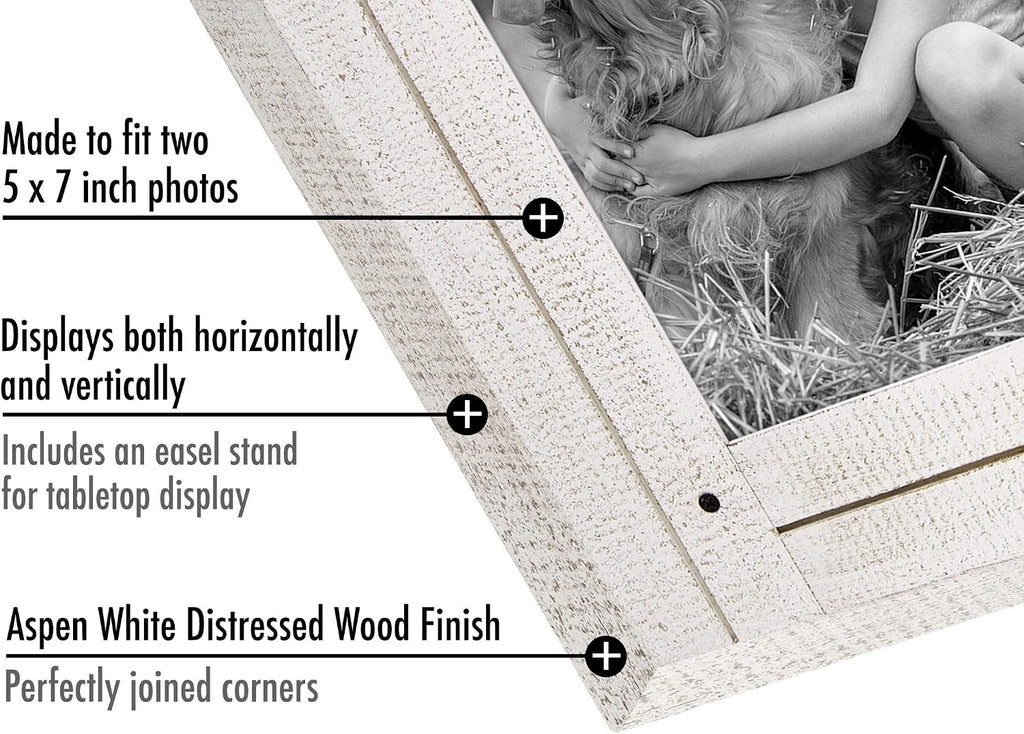 Americanflat 5x7 Double Picture Frame - Distressed Wood - Aspen White