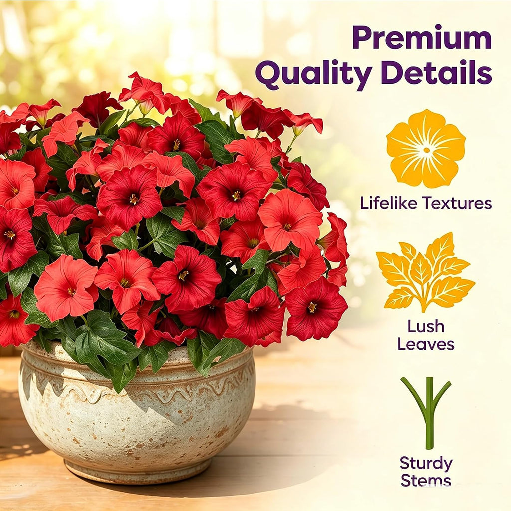 Artificial Flowers for Outdoors, Faux Petunias Spring Summer Decoration, Fake Flowers Plants UV Resistant Look Real Silk Flowers for Outside Planter Front Door Porch Patio Yard (Red)