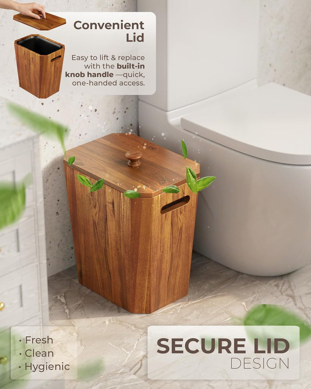 BLUEWEST Acacia Wooden Trash Can with Lid for Bathroom, Bedroom and Office