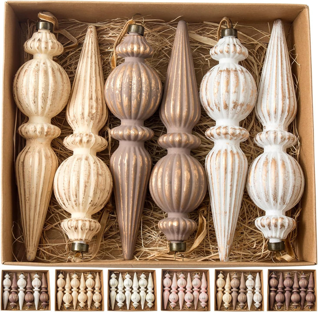 Vintage Finial Christmas Ornaments, 6Pcs Neutral Shatterproof Xmas Tree Ornaments(Modern Color)