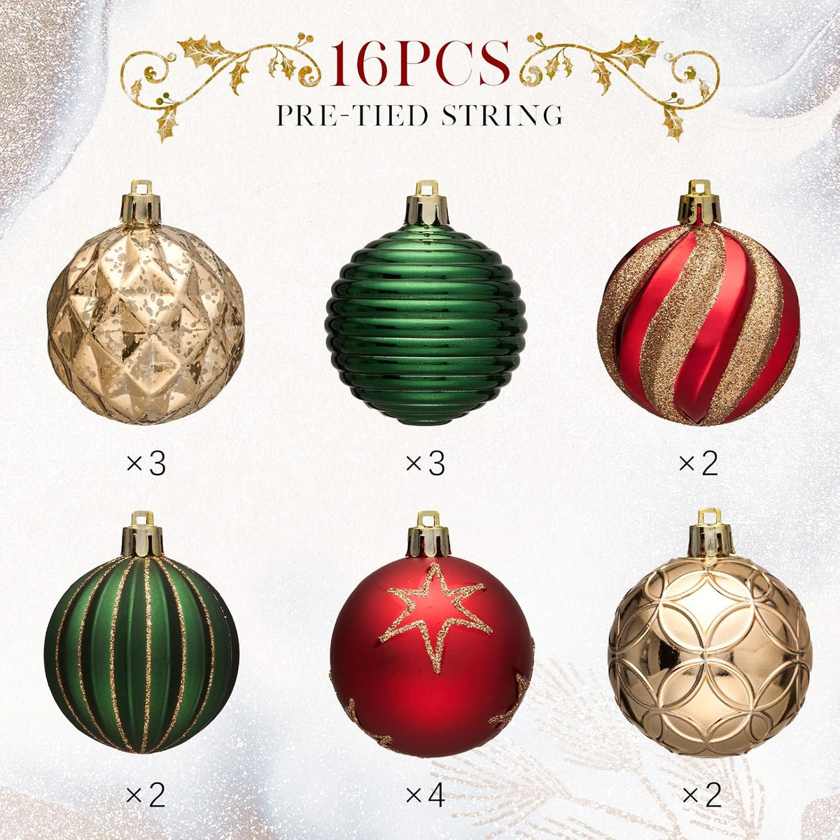 JORNOY Christmas Ornaments Set, 16ct Shatterproof Christmas Ball Ornaments Bulk for Xmas Decorations - 2.36 inch Plastic Decoative Hanging Ornaments for Xmas Tree Decor, 16ct, Red & Green & Gold