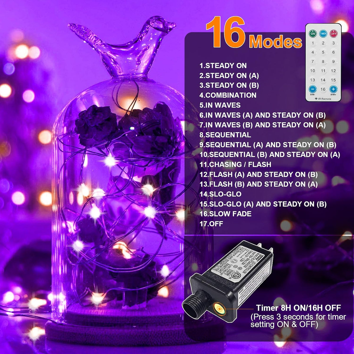 LAMPHOME Halloween Fairy Lights Plug in, 33Ft 100 LEDs Waterproof Twinkle Firefly Lights, Adaptor Included, Starry String Lights for Wedding Indoor Outdoor Christmas Patio Garden, Orange and Purple