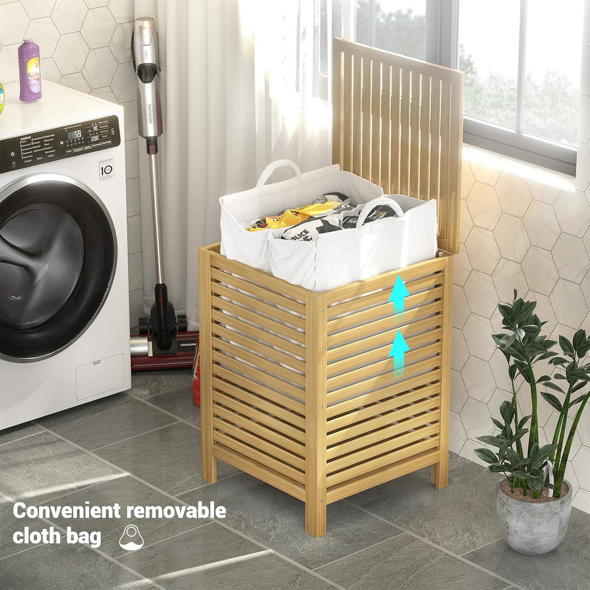 Homykic 120L Bamboo Laundry Hamper with Lid and Removable Bag, Natural