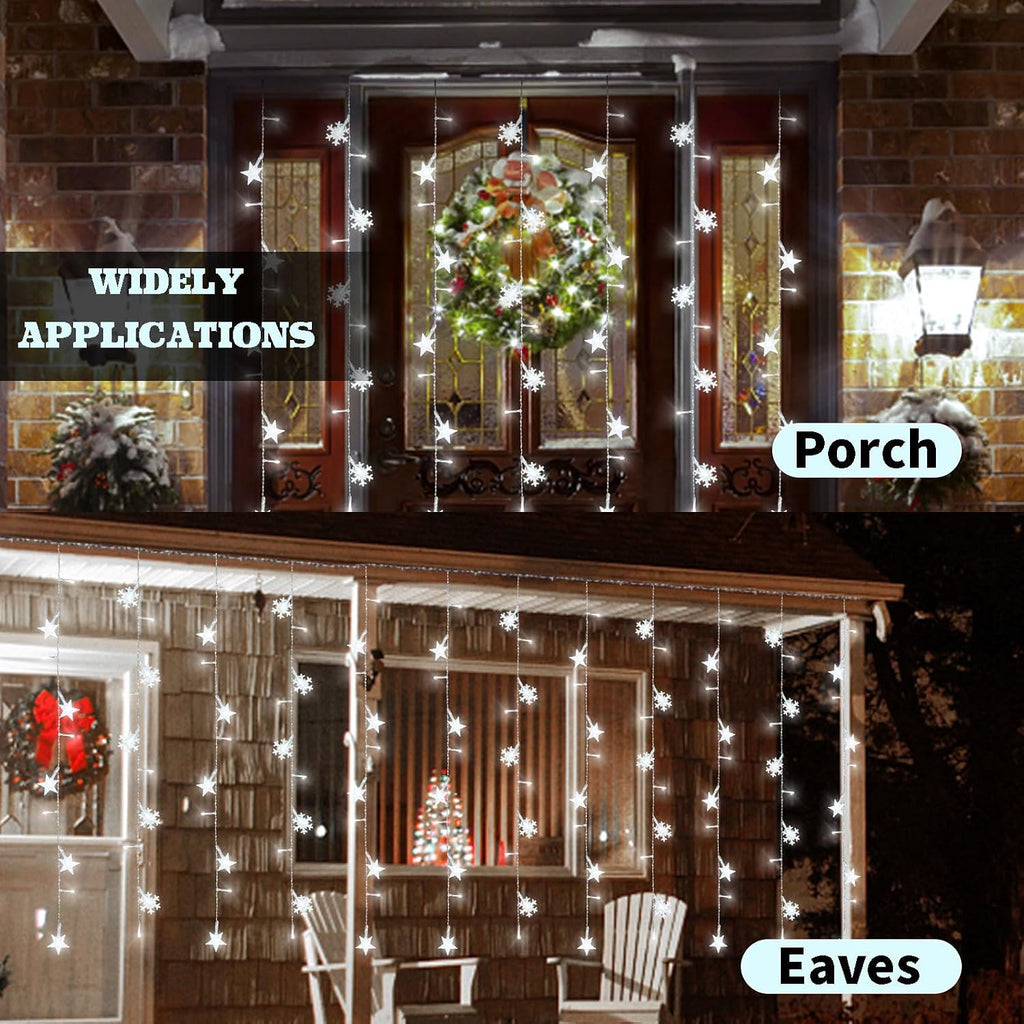 Newhale 8 Modes Christmas Curtain String Lights with Snowflake and Star, USB Plug in Wall Lights Christmas Decorations Indoor, Xmas Window Light Decor, White