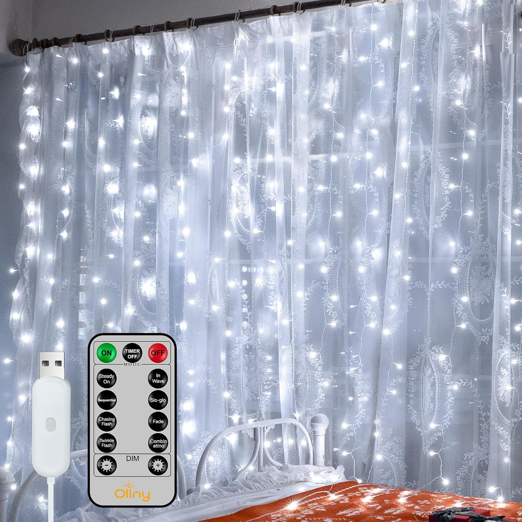 Ollny Curtain Lights 6.6x6.6ft, 200 LED White Christmas Lights with Remote