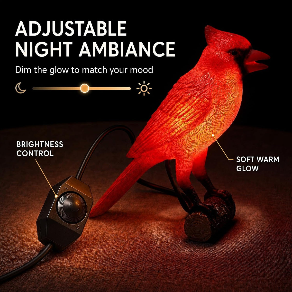 OVANUS Cardinal Lamp, Red Resin Bird Night Light with Dimmer