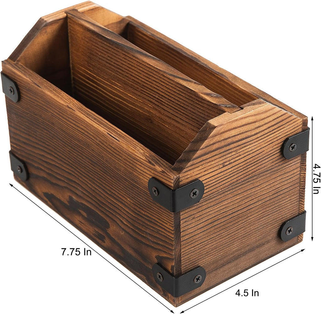 Brown Torched Wood Remote Control Organizer Burnt Wooden Tabletop Storage Caddy Two Compartment Holder TV Game Consoles Cell Phone Kitchen Utensils Office Supplies Living Room Home Bedroom
