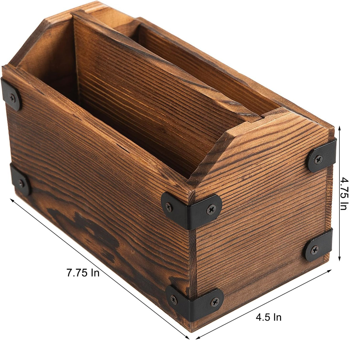 Brown Torched Wood Remote Control Organizer Burnt Wooden Tabletop Storage Caddy Two Compartment Holder TV Game Consoles Cell Phone Kitchen Utensils Office Supplies Living Room Home Bedroom