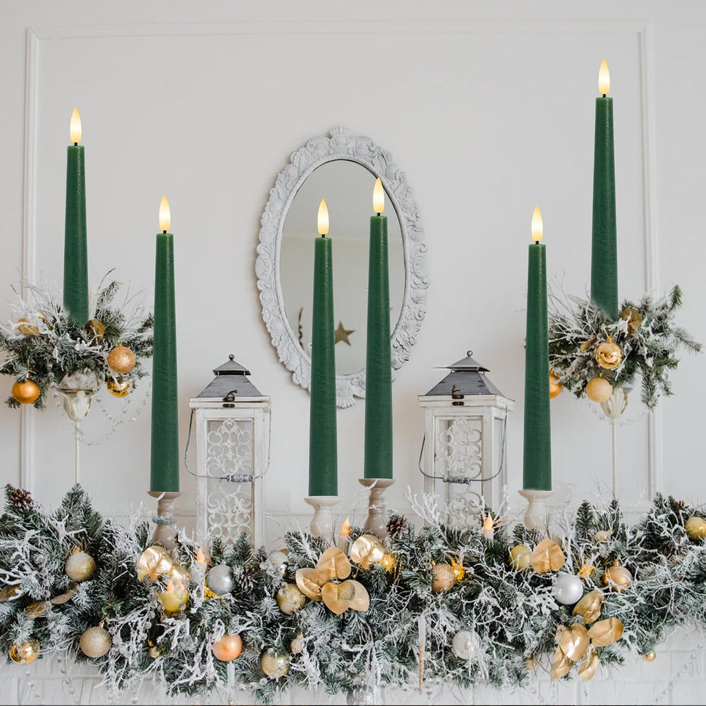 Green Flameless Candles, 9.6" Real Wax Taper Battery Opearted Candles with Remote, 6 Pack Flickering LED Candlesticks with 3D Wick, Classic Tall Taper Candles for Home, Party, Christmas Decor