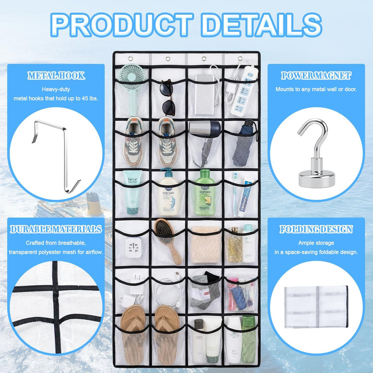 Magnetic Cruise Organizer, Over The Door Organizer for Cruise Ships with 24 Large Clear Pockets, Magnetic Shoe Rack for Door, Hanging Door Organizers for Cabin Cruise Essentials 2026（ 56.7" x 21.2"）