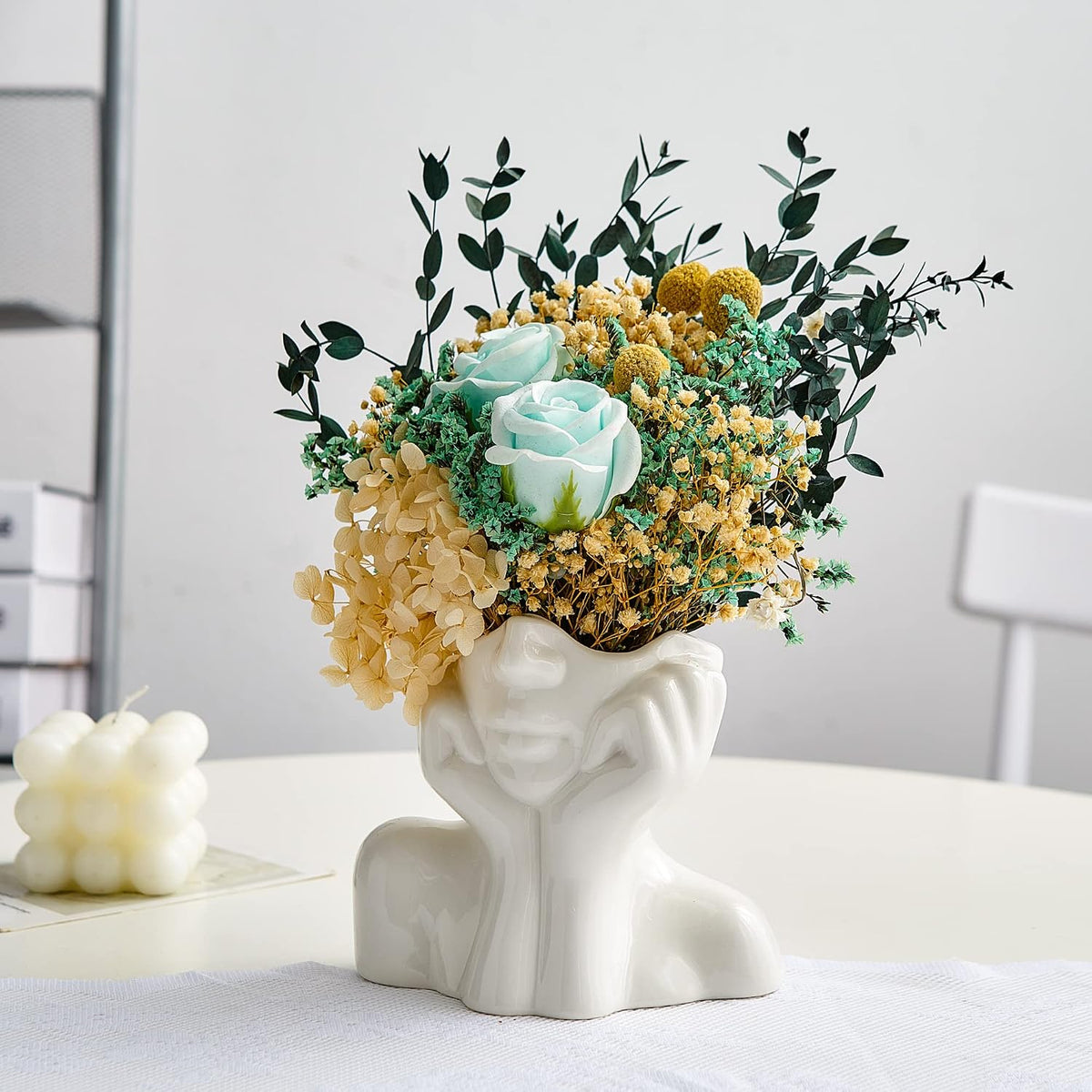 FJS Ceramic Face Vase, White Flower Vase for Table Decor