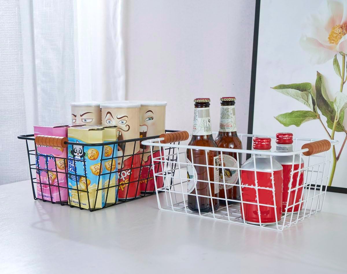 JUNCHU CHERRY Wire Kitchen Storage Basket 2 Packs,Perfect Pantry Organization Accessories Baskets,Laundry Basket,With a Wooden handle,Suitable for Kitchen,Bathroom,Bedroom,Tabletop,Stackable,Black