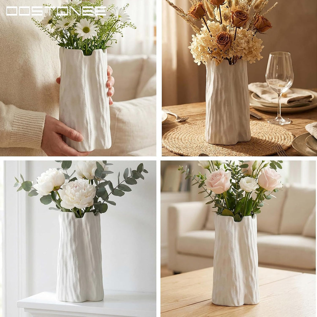 Small White Ceramic Unique Vase - Organic Nature Shape for Boho Home Decor, Flower Vase for Living Room, Entryway Table Decor, Bookshelf Decor (7.5 inch