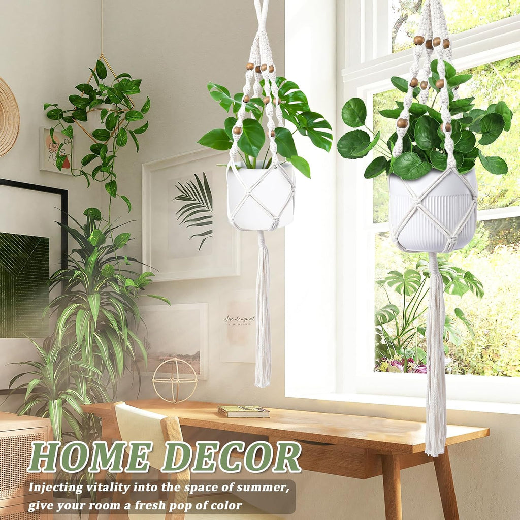 3 Pack Macrame Plant Hangers for 5-9 Inch Pots, Cotton Rope, Wooden Beads