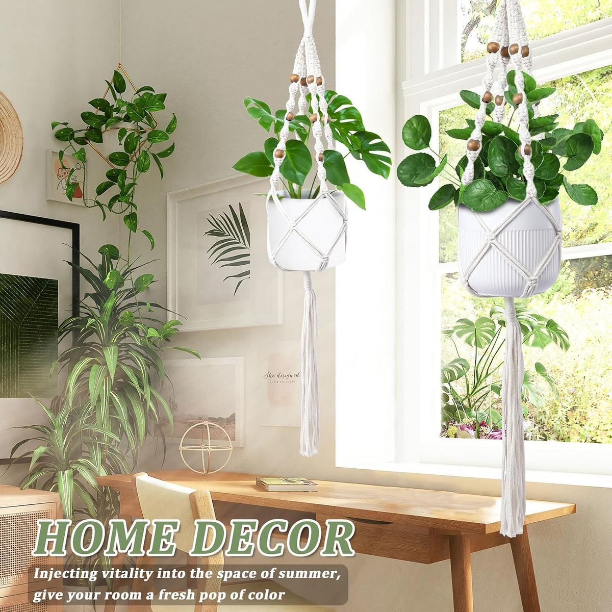 3 Pack Macrame Plant Hangers for 5-9 Inch Pots, Cotton Rope, Wooden Beads
