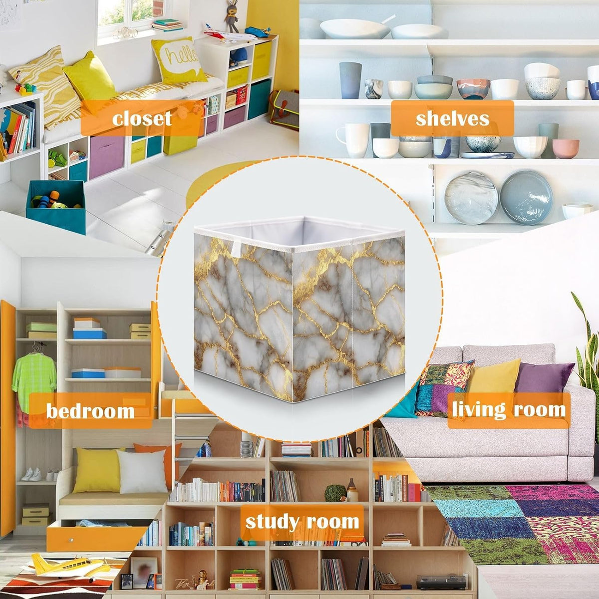 Gold Marble Pattern Cube Storage Bins Collapsible Fabric Storage Baskets