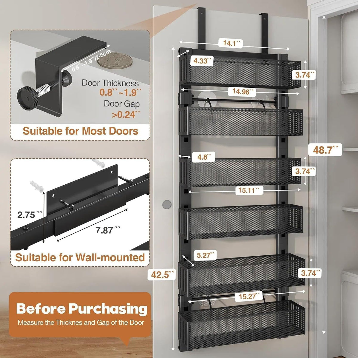 Over The Door Organizer, 6-Tier Heavy-Duty Metal Mesh Rack, Adjustable Large Baskets, 2-in-1 Hanging or Wall Mount Spice Rack, Behind The Door Organizer for Bedroom Closet Bathroom Pantry Kitchen