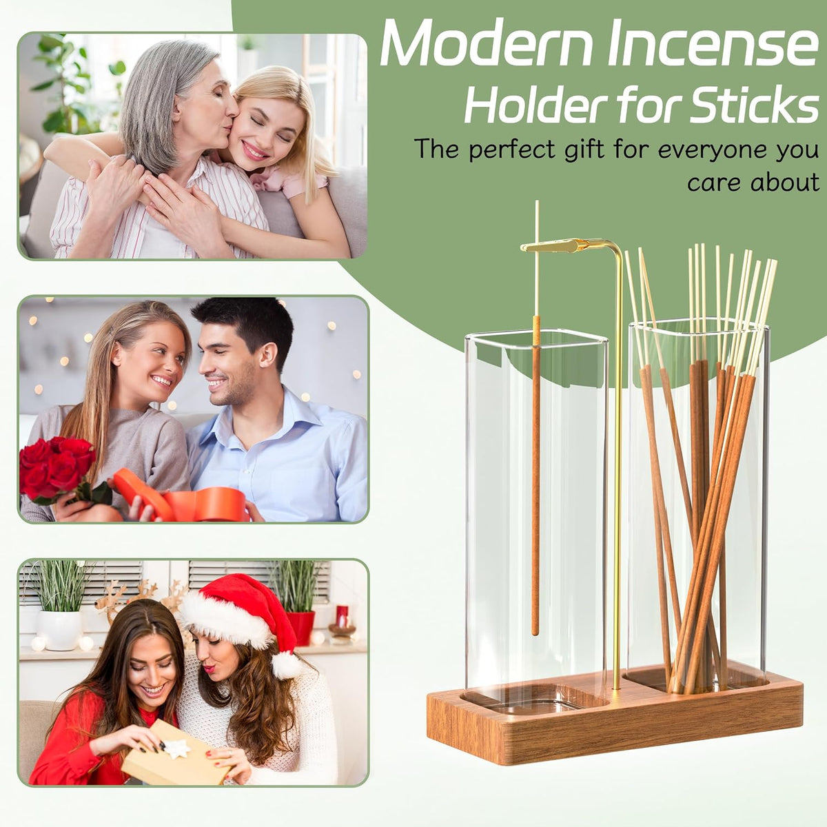 Incense Holder for Sticks, 2 in 1 Incense Burner with Glass Jars, Upside Down Incense Holder with Ash Catcher & Storage for Meditation Yoga Spa Home Decor with 20 Incense Sticks & Brush