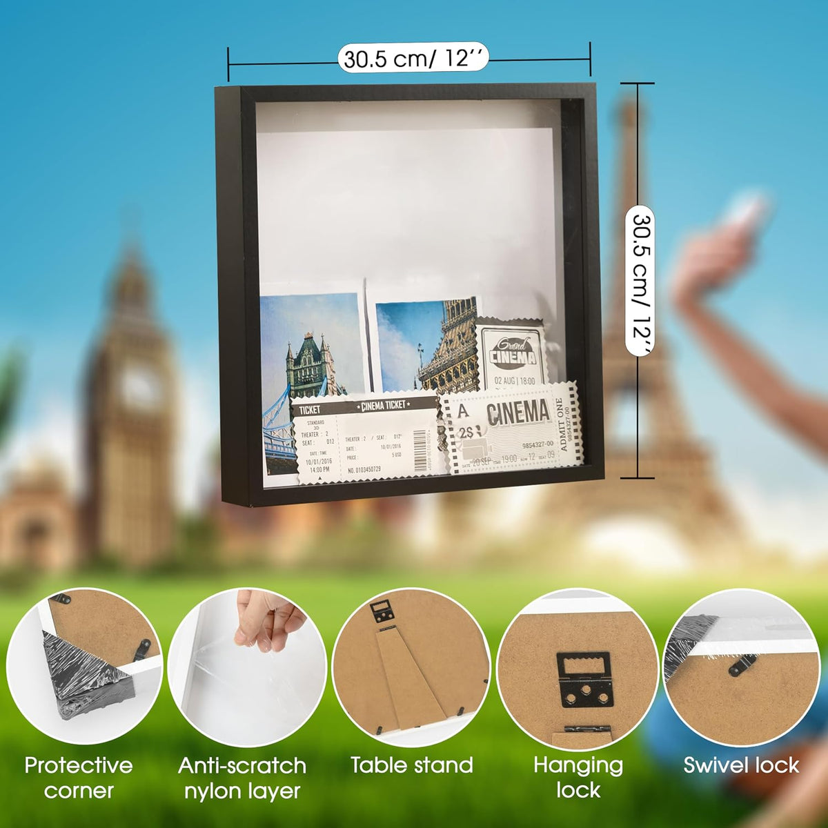 Adventure Archive Box, Travel Shadow Box with Slot, Shadow Box with Slot, Black and White, Store Memories: Money from Different Countries, Photos, Plane Tickets, Movie Tickets (Black-NO MAP, 12x12)