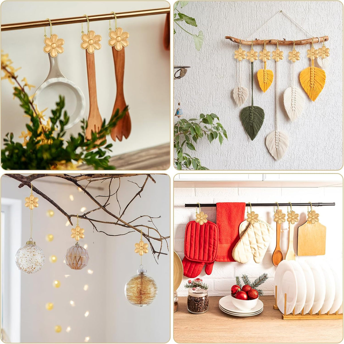 3D Floral Shower Curtain Hooks, 12 Pcs Rust Proof Resin Metal Hooks Shower Curtain Rod Rings, Ideal for Bathroom, Bedroom, Living Room Fun Home Decor (Gold)