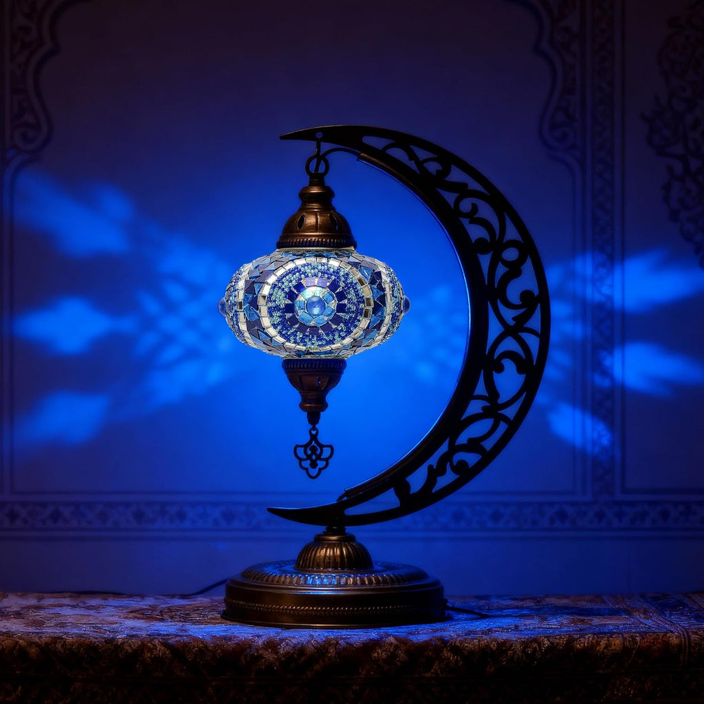 Turkish Lamp, Unique Lamps, Moon Shaped Mosaic Table Lamp, Moroccan Handmade Antique Bohemian Vintage Lamp Shade, Tiffany Desk Bedside Stained Glass Lamp with US Plug and E12 Socket