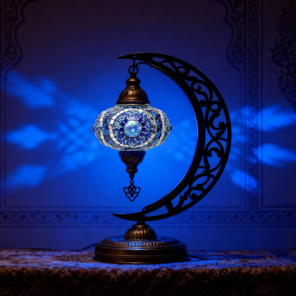 Turkish Lamp, Unique Lamps, Moon Shaped Mosaic Table Lamp, Moroccan Handmade Antique Bohemian Vintage Lamp Shade, Tiffany Desk Bedside Stained Glass Lamp with US Plug and E12 Socket