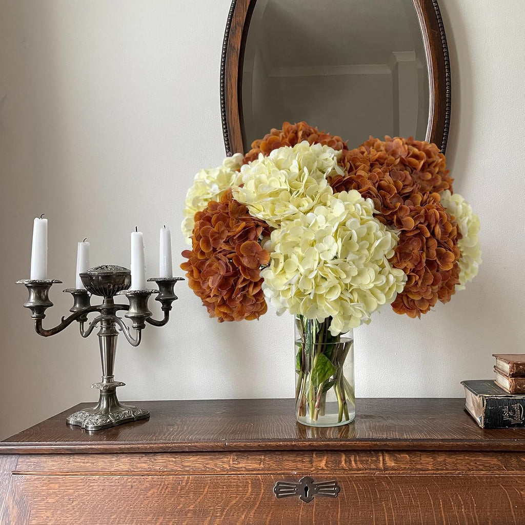 YalzoneMet 3 Pcs Orange Brown Hydrangea Artificial Flowers 21‘’ Real Touch Latex Hydrangea Fake Flowers for Fall Home Decor Party Kitchen Bedroom Bronze Vintage Flower Table Centerpieces