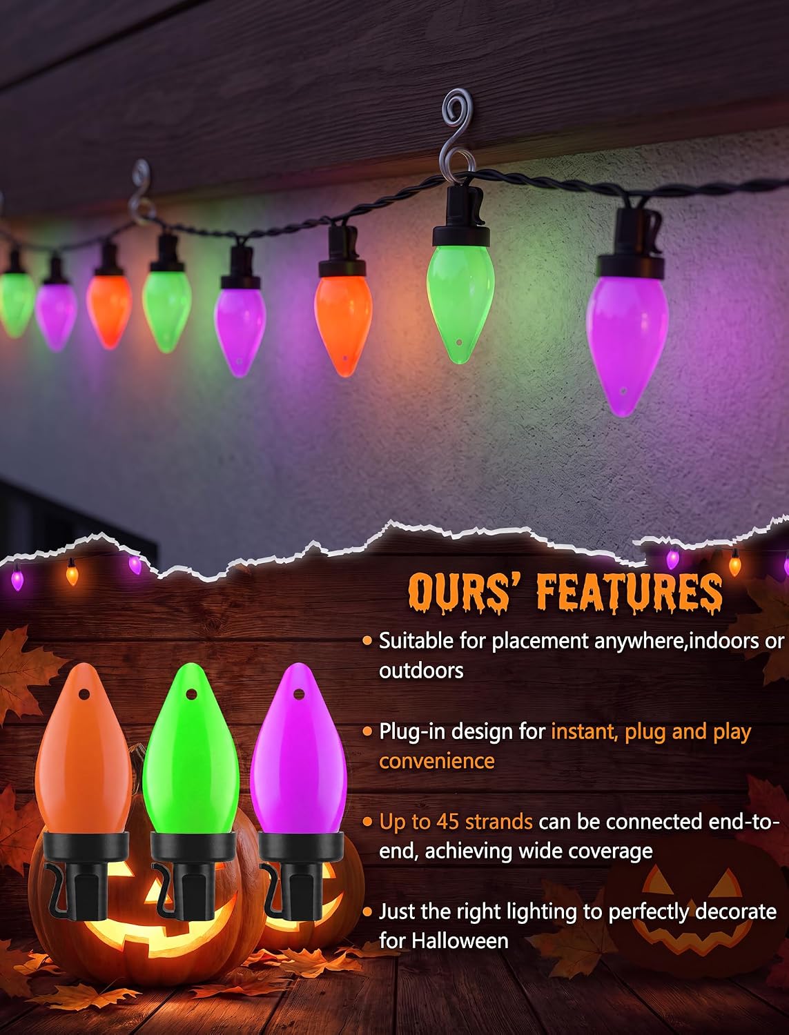 26FT Halloween C7 LED String Lights, 50 Orange Green Purple Opaque Lights