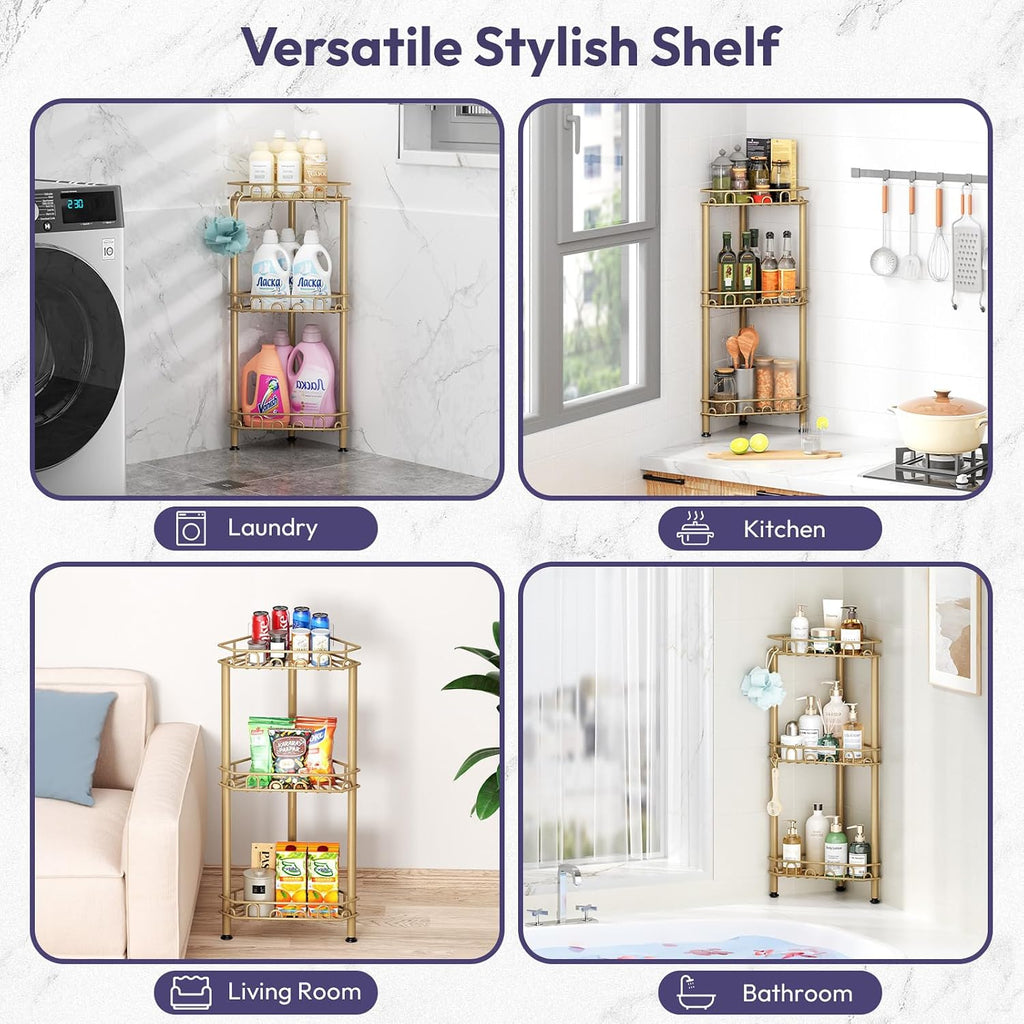 SWTYMIKI Standing Shower Caddy Corner - 3‑Tier Stainless Steel Shower Organizer Shelf with 12 Hooks and Adhesive Pads, Rustproof Corner Shelves Stand Rack for Bathroom Shower Room, Gold