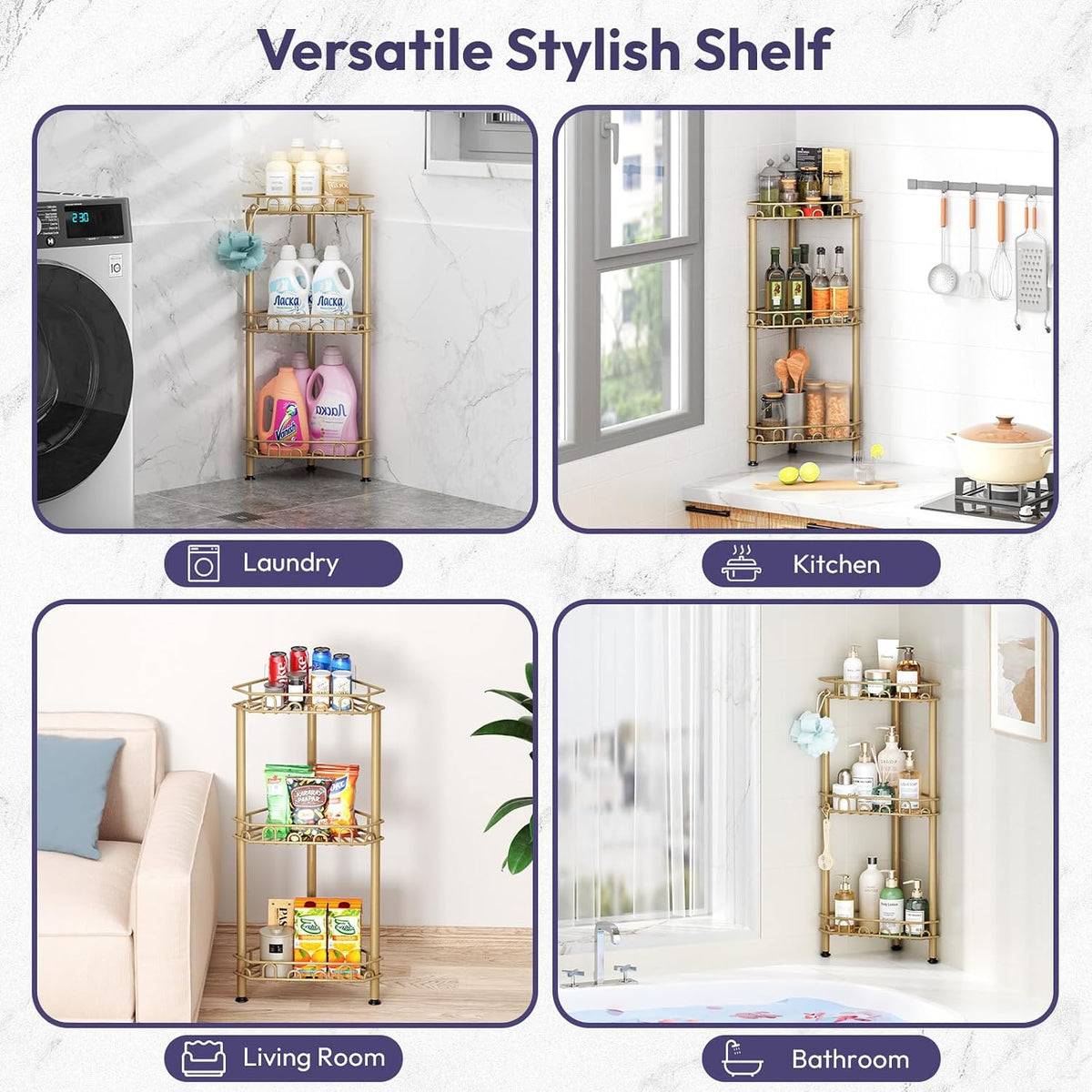 SWTYMIKI Standing Shower Caddy Corner - 3‑Tier Stainless Steel Shower Organizer Shelf with 12 Hooks and Adhesive Pads, Rustproof Corner Shelves Stand Rack for Bathroom Shower Room, Gold