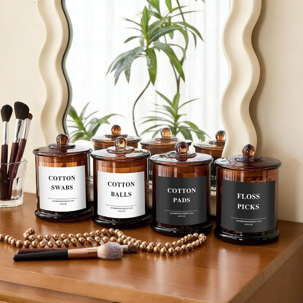 LEORAY 4 Pack Glass Qtip Holder Dispenser with Lids, Airtight Waterproof, 16 Oz Vanity Organizer Bathroom Canisters for Cotton Swabs, Balls, Pads, Floss Picks, Restroom Kitchen Storage Jars, Amber